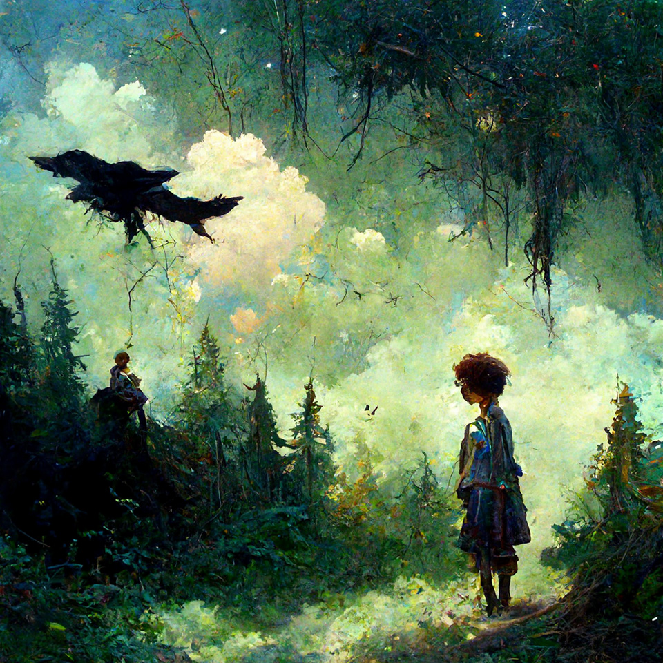 boy watching shadow in forest