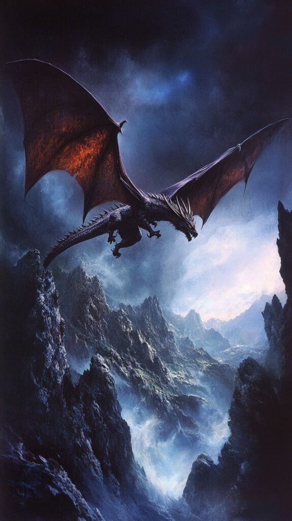 Dragon over misty and dark mountains