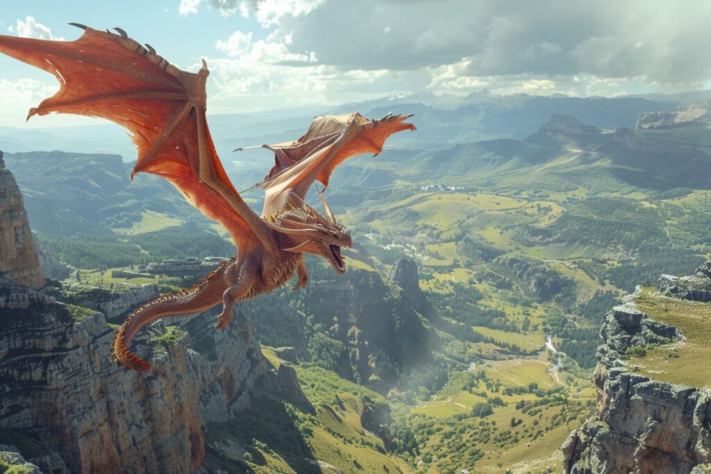 dragon flying over a green valley