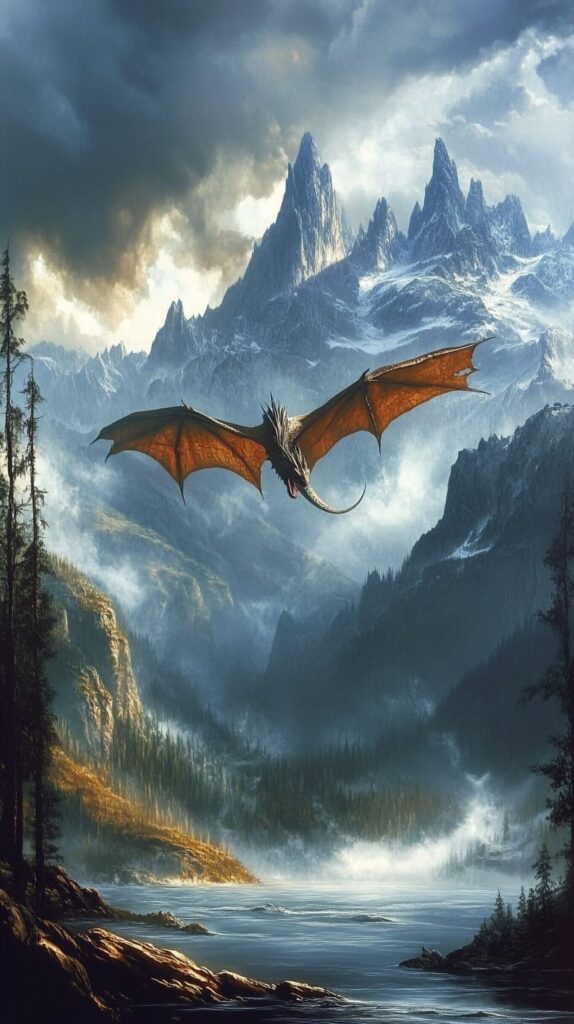 red dragon flying over a mountain lake