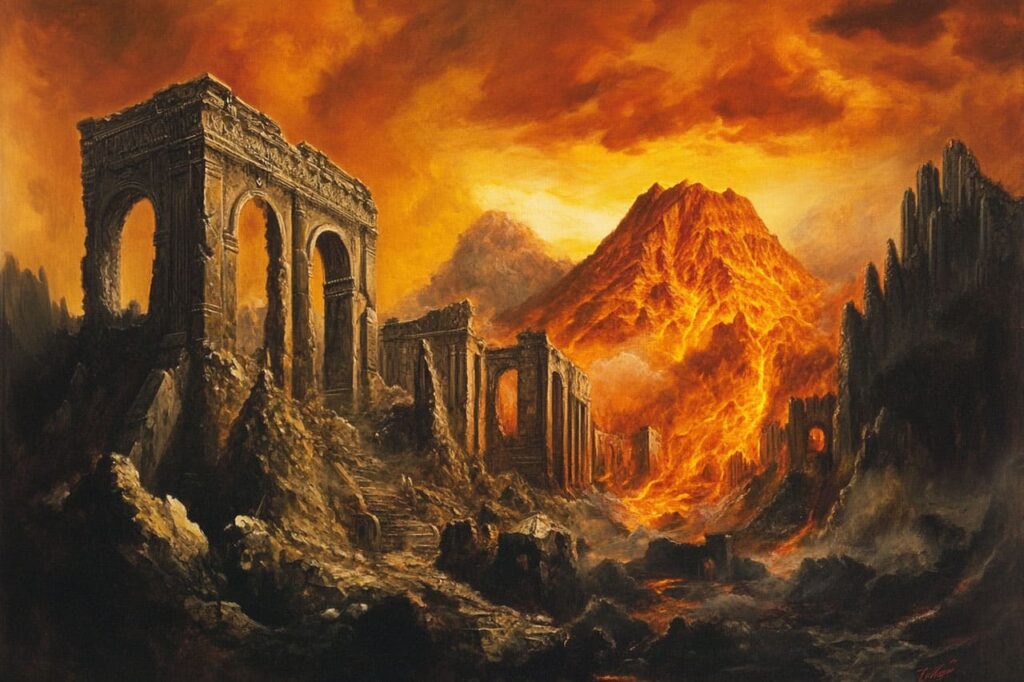 fiery volcanic ruins