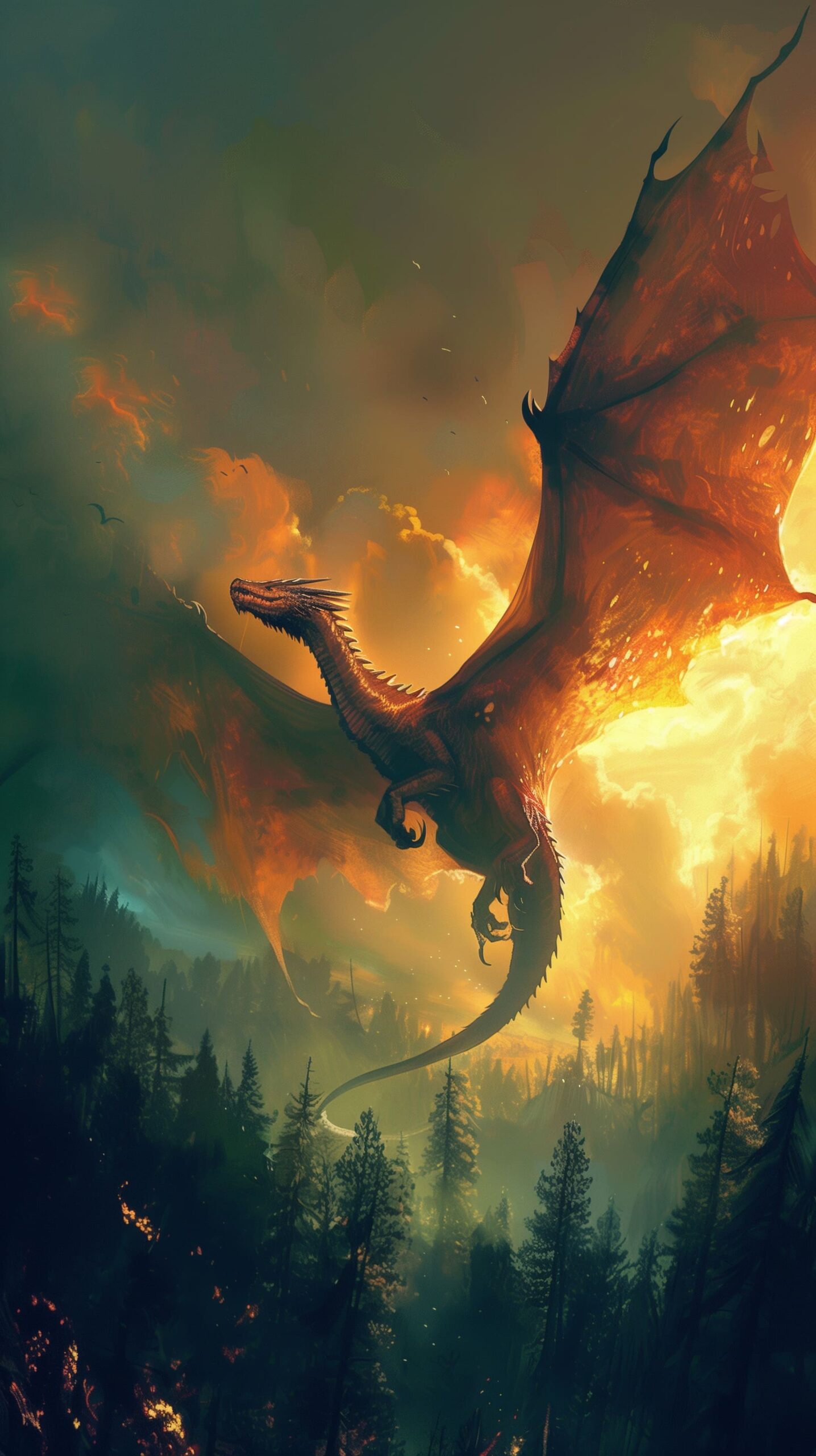 Dragon over Smoky Forest - High Resolution