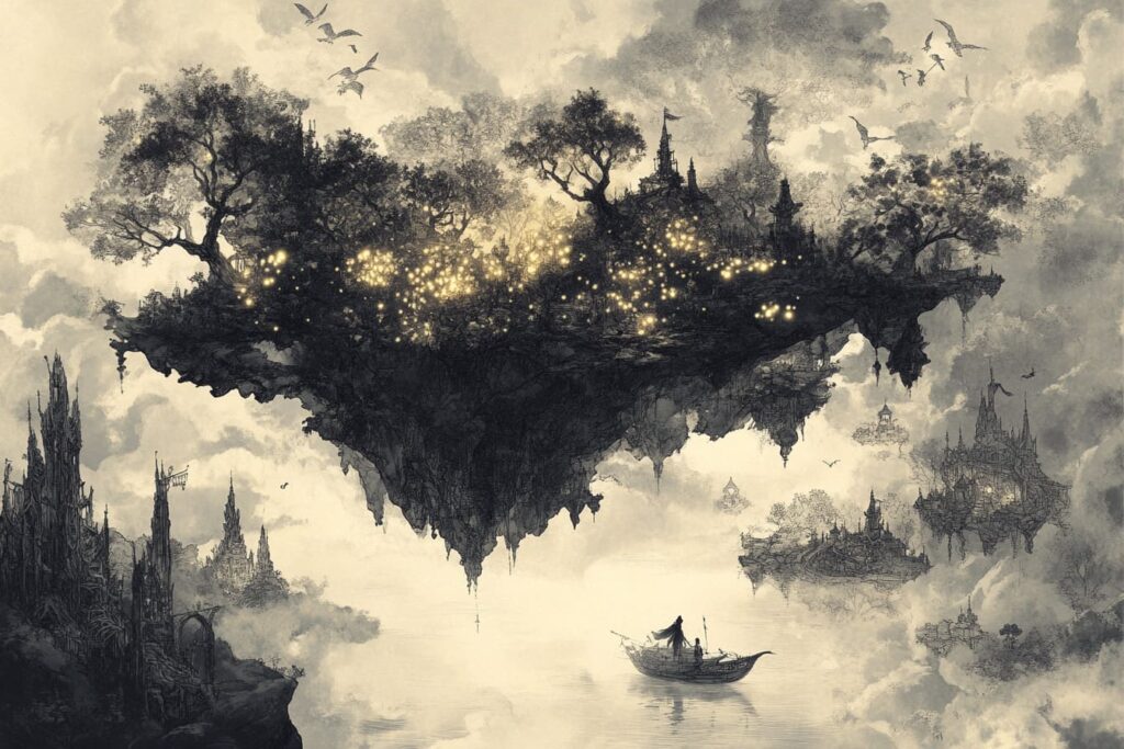 A small ship floats through the sky, approaching an island suspended in clouds, covered with glowing lights among dark trees. In the background, more floating islands and gothic structures rise from the mist.