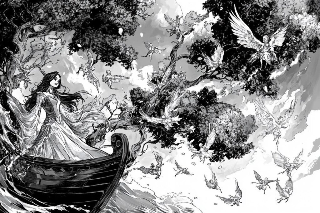 Vesper stands on a ship surrounded by tiny flying faeries.