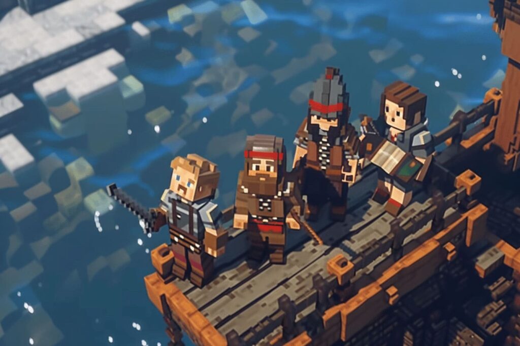 four explorers on a platform